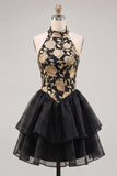 Gold and Black Halter Neck Tiered Floral A-Line Homecoming Dress with Lace Up Back