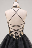 Gold and Black Halter Neck Tiered Floral A-Line Homecoming Dress with Lace Up Back