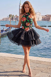 Gold and Black Halter Neck Tiered Floral A-Line Homecoming Dress with Lace Up Back