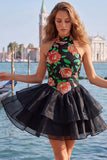 Gold and Black Halter Neck Tiered Floral A-Line Homecoming Dress with Lace Up Back