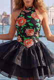 Gold and Black Halter Neck Tiered Floral A-Line Homecoming Dress with Lace Up Back