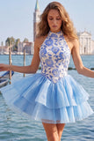 Gold and Black Halter Neck Tiered Floral A-Line Homecoming Dress with Lace Up Back