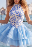 Gold and Black Halter Neck Tiered Floral A-Line Homecoming Dress with Lace Up Back