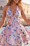 A-Line Halter Neck Light Blue Cut Out Floral Corset Backless Homecoming Dress