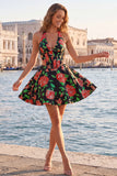 A-Line Halter Neck Light Blue Cut Out Floral Corset Backless Homecoming Dress
