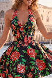 A-Line Halter Neck Light Blue Cut Out Floral Corset Backless Homecoming Dress