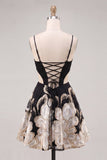 Black A-Line Cut Out Floral Homecoming Dress with Lace Up Back