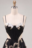 Black A-Line Cut Out Floral Homecoming Dress with Lace Up Back