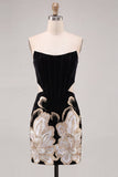 Black Strapless Bodycon Embroidered Cut Out Floral Homecoming Dress with Lace Up Back