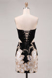 Black Strapless Bodycon Embroidered Cut Out Floral Homecoming Dress with Lace Up Back