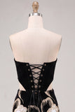 Black Strapless Bodycon Embroidered Cut Out Floral Homecoming Dress with Lace Up Back