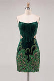 Black Strapless Bodycon Embroidered Cut Out Floral Homecoming Dress with Lace Up Back