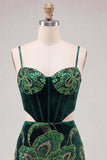 Dark Green Bodycon Corset Floral Sequins Cut Out Homecoming Dress with Lace Up Back