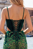 Dark Green Bodycon Corset Floral Sequins Cut Out Homecoming Dress with Lace Up Back