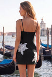Black Floral Spaghetti Straps Sequins Homecoming Dress