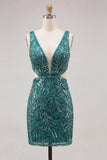 Sparkly Green Bodycon V-Neck Cut Out Sequins Short Homecoming Dress