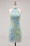 Mint Green Bodycon Halter Neck Floral Sequins Homecoming Dress