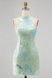 Mint Green Bodycon Halter Neck Floral Sequins Short Formal Dress