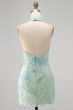 Mint Green Bodycon Halter Neck Floral Sequins Short Formal Dress