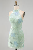 Mint Green Bodycon Halter Neck Floral Sequins Short Formal Dress