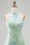 Mint Green Bodycon Halter Neck Floral Sequins Short Formal Dress