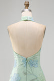 Mint Green Bodycon Halter Neck Floral Sequins Short Formal Dress