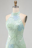 Mint Green Bodycon Halter Neck Floral Sequins Short Formal Dress