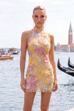 Mint Green Bodycon Halter Neck Floral Sequins Homecoming Dress