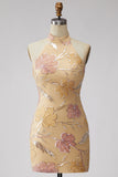 Mint Green Bodycon Halter Neck Floral Sequins Short Formal Dress