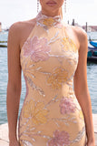 Mint Green Bodycon Halter Neck Floral Sequins Short Formal Dress