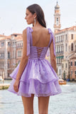 Lilac Pearl Mini Fairy Tale Tiered Homecoming Dress with Lace Up Back
