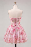A-Line Pink Sweetheart Floral Chiffon Homecoming Dress with Lace Up Back