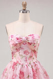 A-Line Pink Sweetheart Floral Chiffon Homecoming Dress with Lace Up Back