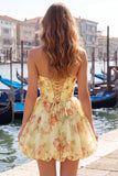 A-Line Pink Sweetheart Floral Chiffon Homecoming Dress with Lace Up Back