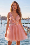 A-Line Yellow V-Neck Floral Sequins Homecoming Dress