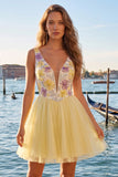 A-Line Yellow V-Neck Floral Sequins Homecoming Dress
