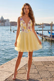A-Line Yellow V-Neck Floral Sequins Homecoming Dress