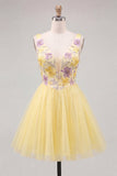 A-Line Yellow V-Neck Floral Sequins Homecoming Dress