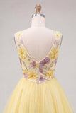 A-Line Yellow V-Neck Floral Sequins Homecoming Dress