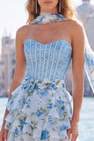A-Line Pink Sweetheart Corset Tiered Floral Beaded Homecoming Dress with Neck Scarf