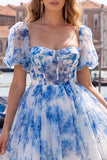 A-Line Blue Square Neck Corset Floral Homecoming Dress with Lace Up Back