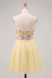 Yellow A-Line Strapless Floral Embroidered Short Homecoming Dress