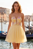 Yellow A-Line Strapless Floral Embroidered Short Homecoming Dress