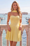 Yellow A-Line Strapless Ruched Pleated Homecoming Dress with Neck Scarf