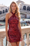 Sparkly Royal Blue Bodycon Halter Neck Sequins Short Homecoming Dress with Open Back
