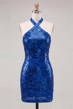 Sparkly Royal Blue Bodycon Halter Neck Sequins Short Homecoming Dress with Open Back