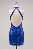 Sparkly Royal Blue Bodycon Halter Neck Sequins Short Homecoming Dress with Open Back