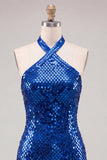Sparkly Royal Blue Bodycon Halter Neck Sequins Short Homecoming Dress with Open Back