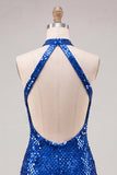 Sparkly Royal Blue Bodycon Halter Neck Sequins Short Homecoming Dress with Open Back