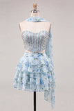 Sweetheart Light Blue 2 Piece A-Line Corset Tiered Floral Homecoming Dress with Beading